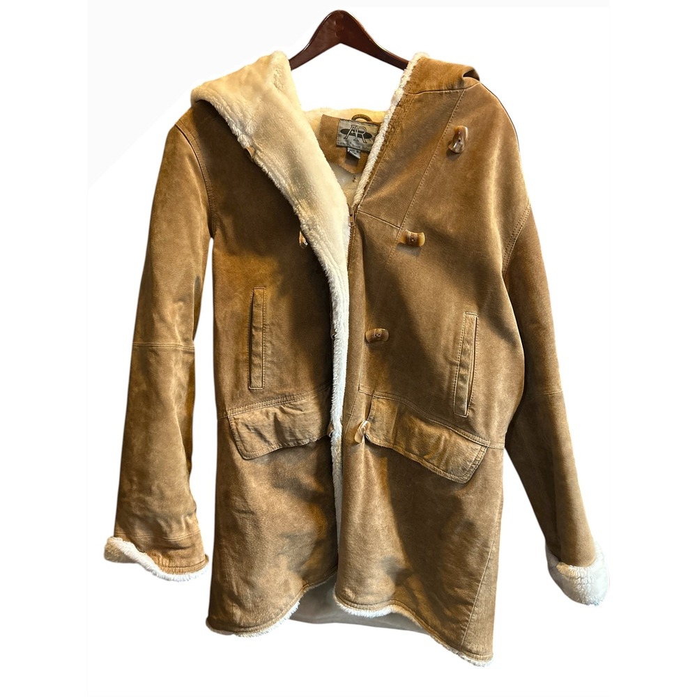 AR Fashions Company Women's Tan Suede Sherpa Lined Hooded Duffle Coat XL leather